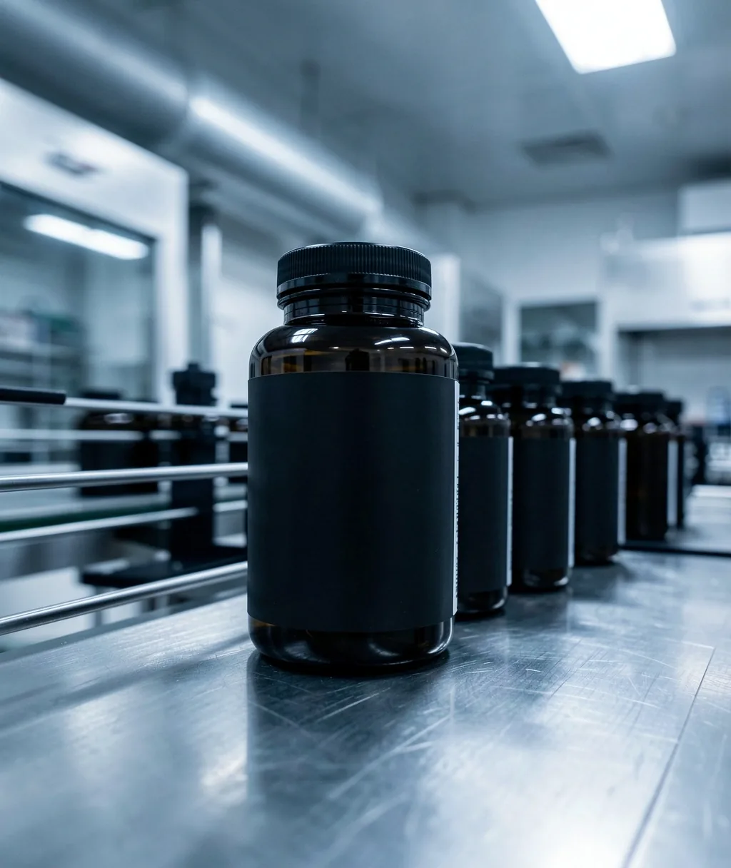 Supplement bottles on a production line representing batch consistency